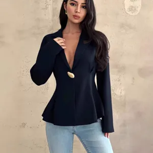 Women Elegant Lapel Blazer Slim Fit Waist Solid Color Drop Shoulder Long Sleeve Top Single Button Woven Cardigan Outerwear Jacket