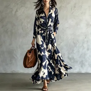 2026 Fashion European Women Cow Print Long Sleeve Shirt Maxi Dress with Belt Elegant