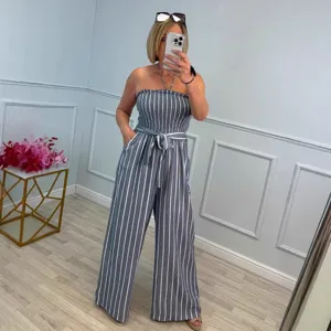 Striped strapless jumpsuit for women, casual high waist wide leg long pants with belt.