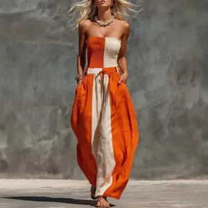 Women Casual Strapless Color Block Polyester Jumpsuit Ruched Elastic Waist Loose Wide Leg Long Pants Vacation Romper Jumpsuit