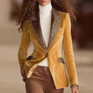 Women golden velvet blazer long sleeve leopard print lapel coat elegant casual outerwear fashion