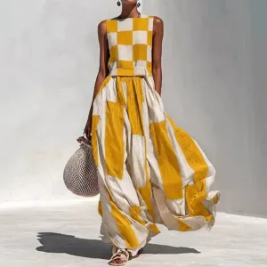 Women geometric sleeveless maxi dress summer casual loose round neck long dress yellow white