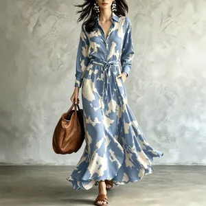 Women Long Sleeve Blue White Abstract Print Maxi Shirt Dress with Belt Front View Display