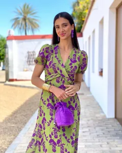 Femme élégante robe midi plissée imprimée florale à col V manches courtes mode été