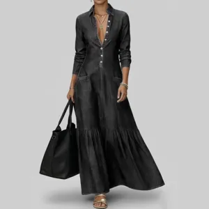 Women long sleeve denim maxi dress vintage button down casual elegant streetwear chic apparel