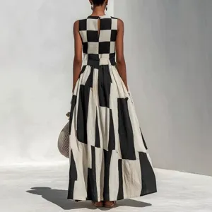Summer women black white geometric sleeveless casual loose maxi dress elegant back view main