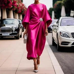 Elegant magenta satin midi dress with rhinestone brooch waist detail for women chic wear