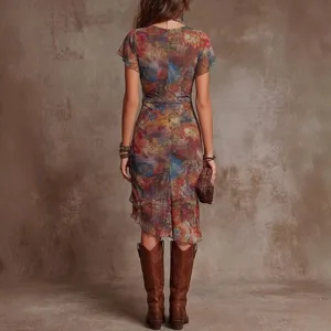 Women Boho Printed V-Neck Slimming Midi Dress Casual Short Sleeve Elegant Long Dress