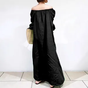 Black off-the-shoulder loose maxi dress, casual elegant solid color long dress for women.