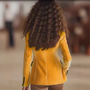 Women long sleeve yellow velvet blazer slim fit stylish casual jacket for winter outfit