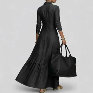 Women's vintage long sleeve dark grey denim maxi dress with a fitted waist and elegant flare.