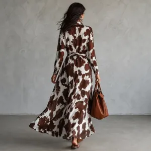 Women brown white cow print long sleeve shirt maxi dress with waist belt and elegant flared hem