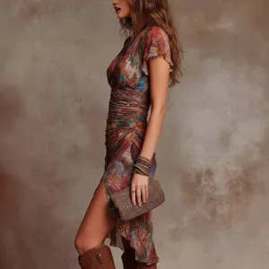 Stunning floral V-neck ruched maxi dress for women, featuring a chic slim fit and elegant silhouette.