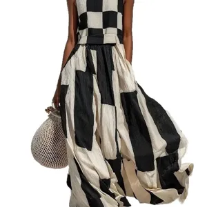 Women Summer Casual Loose Sleeveless Round Neck Geometric Print Checkerboard Maxi Dress