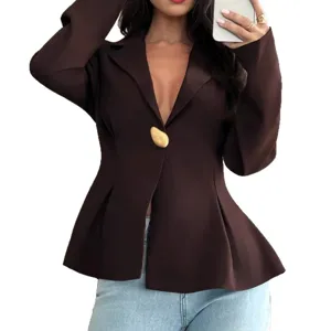 Women's slim fit peplum blazer stylish long sleeve suit jacket with gold button top