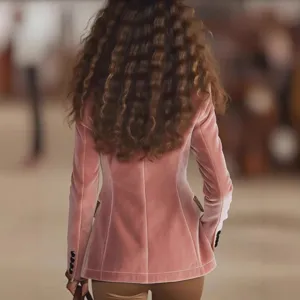 Women long sleeve pink velvet blazer jacket slim fit elegant casual outerwear fashion apparel
