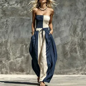 Women Strapless Color Block Jumpsuit Summer Casual Wide Leg Smocked Bodice Romper Main