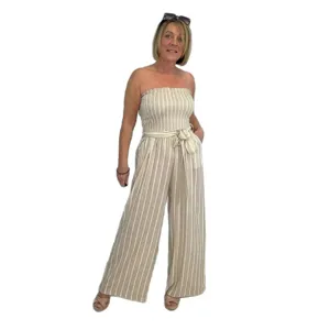 Women's casual striped strapless wide leg jumpsuit with stylish self-tie waist belt for summer