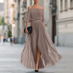 Elegant summer off-shoulder pleated chiffon long dress for women stylish party maxi dress.