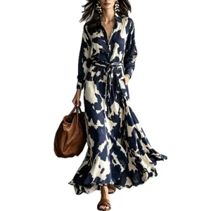 Women Cow Print Long Sleeve Shirt Maxi Dress Casual Belted Button Down Flowy Long Dress
