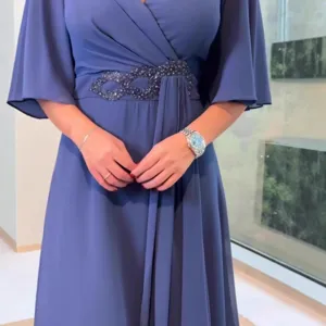 Elegant v-neck pleated long dress for women, solid color casual maxi dress main view
