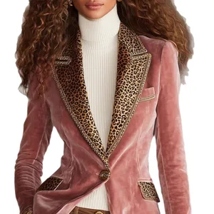 Women pink velvet blazer leopard print lapel long sleeve elegant jacket with turtleneck