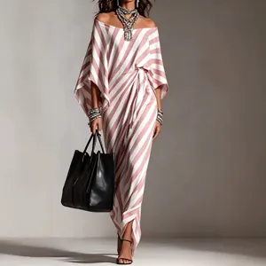 Stylish pink and white striped off-the-shoulder dress for women, loose summer casual long outfit.