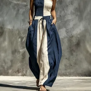 Color-block strapless cotton linen jumpsuit for women, casual summer wide leg pants with drawstring waist.