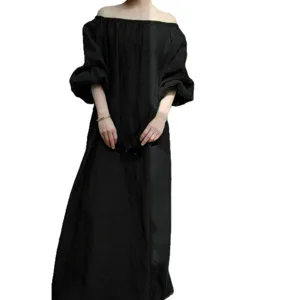 Solid color off-shoulder loose casual maxi dress, elegant women long sleeve party dress.