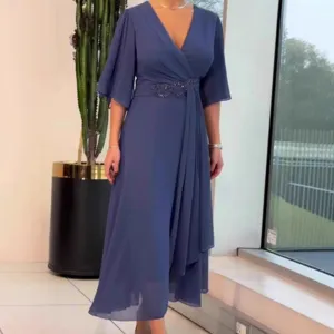 Elegant V-neck pleated long sleeve dress for women solid color casual party maxi dress