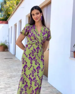 Ete femmes mode imprime floral longue robe elegant col V manches courtes slim fit robe