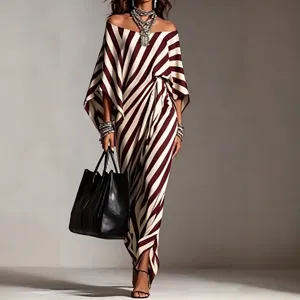 Women's chic off-the-shoulder diagonal striped long dress summer loose casual resort wear