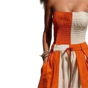 Strapless colorblock cotton linen jumpsuit in orange and off-white for women summer chic.