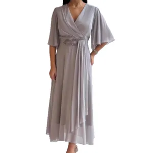 Elegant V-neck pleated chiffon long dress for women, casual solid color maxi dress main