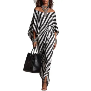 Chic black and white striped off-the-shoulder maxi dress for women, trendy summer casual wear.