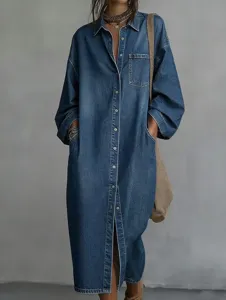 Detailed view of casual long sleeve lapel denim shirt dress with single-breasted buttons.