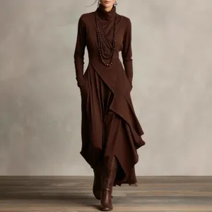 Brown long sleeve turtleneck wrap maxi dress for women autumn elegant asymmetric dress