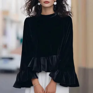 Elegant black velvet long sleeve sweatshirt with chic ruffles for women stylish apparel.