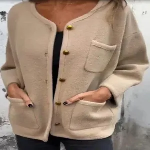 Women casual crew neck fleece cardigan jacket with pockets and gold buttons long sleeve