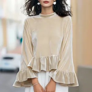 Women velvet long sleeve solid crew neck ruffle hem sweatshirt top chic casual streetwear