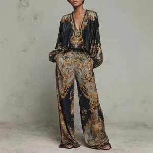 2025 early spring resort style retro V-neck velvet printed two piece long sleeve suit for women