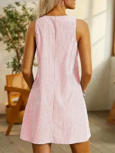 Detailed view of the red and white striped sleeveless mini dress back design for summer wear.