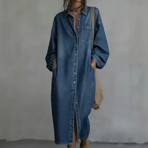 Retro Polyester Turn-Down Collar Loose Denim Style Shirt Dress Single-Breasted Long Sleeve Casual Midi Dress With Pockets For Women