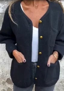 Fashionable casual round neck long sleeve women's black woolen coat with gold buttons.