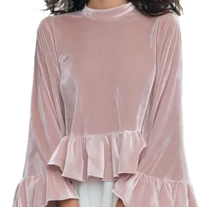 Pink velvet long sleeve top with mock neck and peplum hem for daily women fashion style.