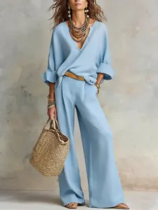 Casual Loose Linen Resort Set Women V-Neck Blouse Wide Leg Pants Summer Fashion Outfit