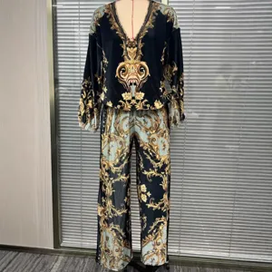 Women Vintage Resort Baroque Print Top And Bottom Set Casual V Neck Long Sleeve Shirt Wide Leg Long Pants Polyester Lounge Tracksuit