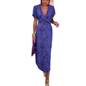 Robe longue femme ete col V manches courtes imprime floral portefeuille style elegant slim