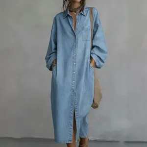 Casual oversized long sleeve light blue denim shirt dress for women daily street wear main.