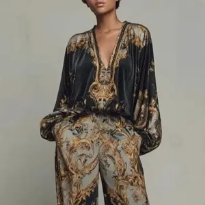 Women's retro V-neck Korean velvet printed matching set, elegant early spring resort style.